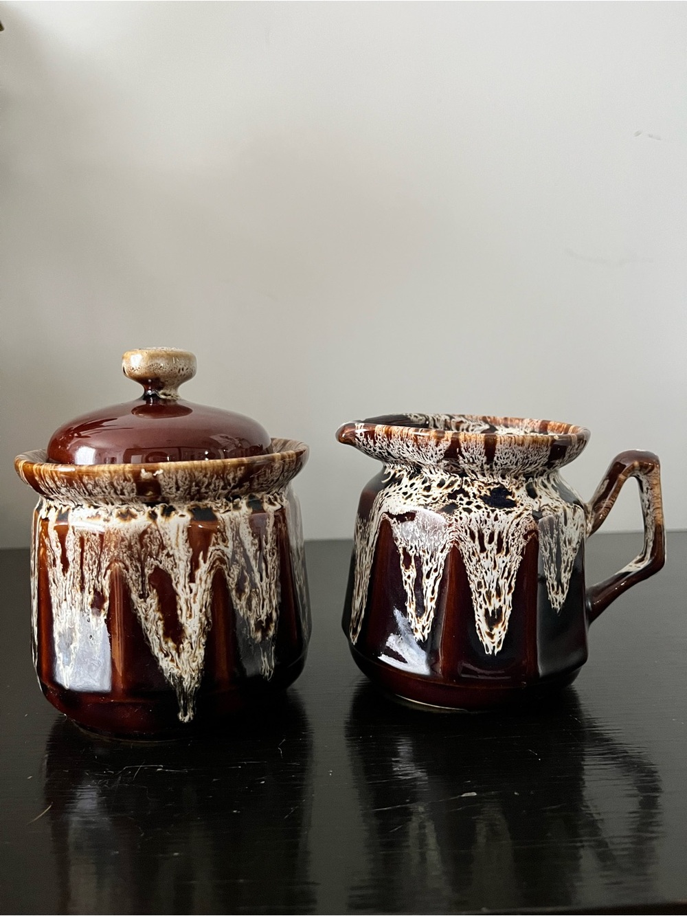 Vintage MCM Brown Drip Glaze Creamer & Lidded Sugar Bowl Set | Stoneware Pottery